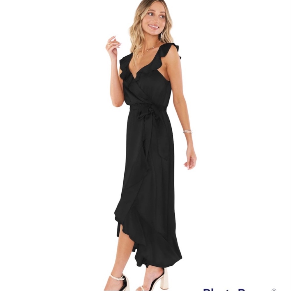 Black Luxe Satin - Show Me Your Mumu- Samantha Ruffle Wrap Dress